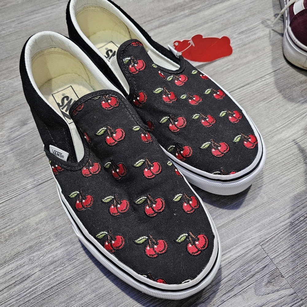 Embroidered cherry slip on vans